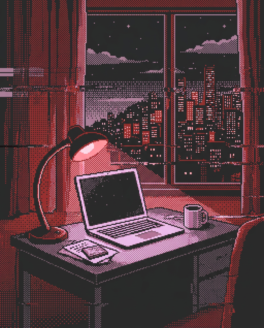 Illustration générée en pixel art : un bureau le soir, un ordinateur portable allumé sous une lampe, une ville éclairée derrière la fenêtre.